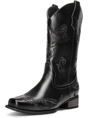Women’s Black Mid Calf Cowboy Boots Embroidered Stitched Square Toe Western Boot